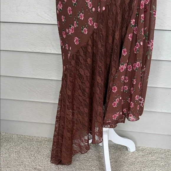 Floral Brown Asymmetrical bias cut Maxi Dress size L - Picture 3 of 7